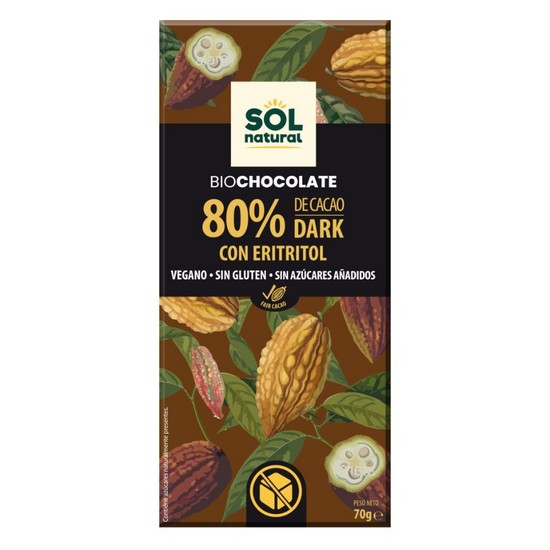 Chocolate 80% Cacao Eritritol Bio Vegan 70g Solnatural