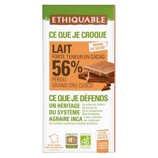 Chocolate con Leche 56% Cacao Peru Bio 100g Ethiquable