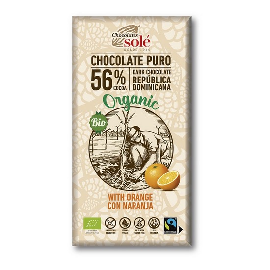 Chocolate Negro 56% con Naranja Sin Gluten Bio Vegan 100g Chocolates Sole
