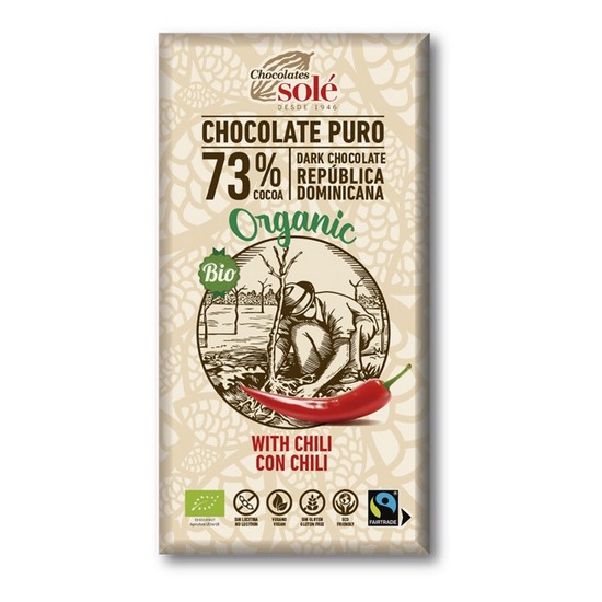 Chocolate Negro 73% con Chili Sin Gluten Bio Vegan 100g Chocolates Sole
