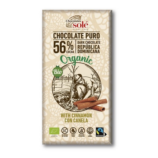 Chocolate Negro con Canela 56% Sin Gluten Bio Vegan 100g Chocolates Sole